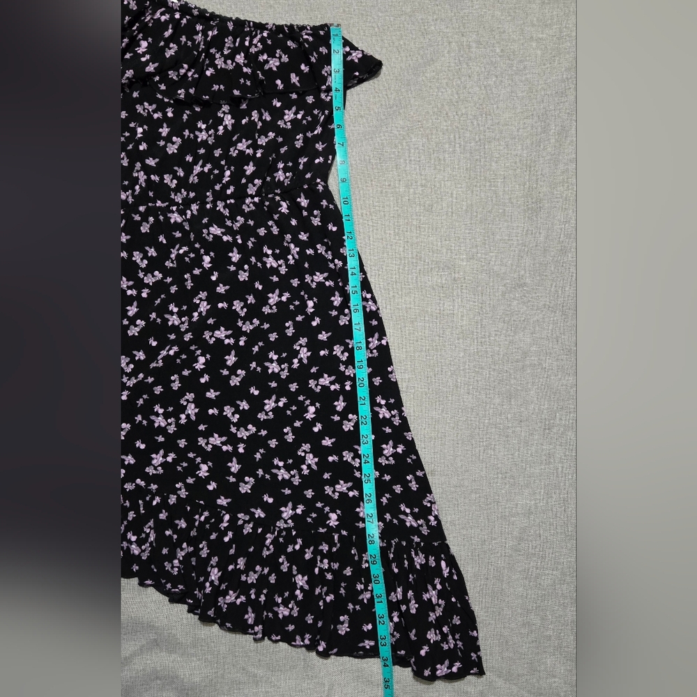 LEITH Floral One Shoulder Ruffle Asymmetric Hem Dress Black Lavender Size Medium - Picture 12 of 15